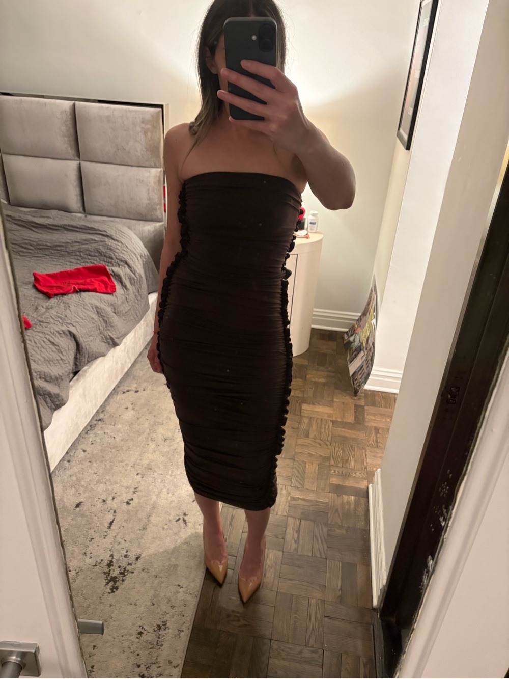 AFRM Java Brown Ruched Slip Dress - Picture 3 of 5